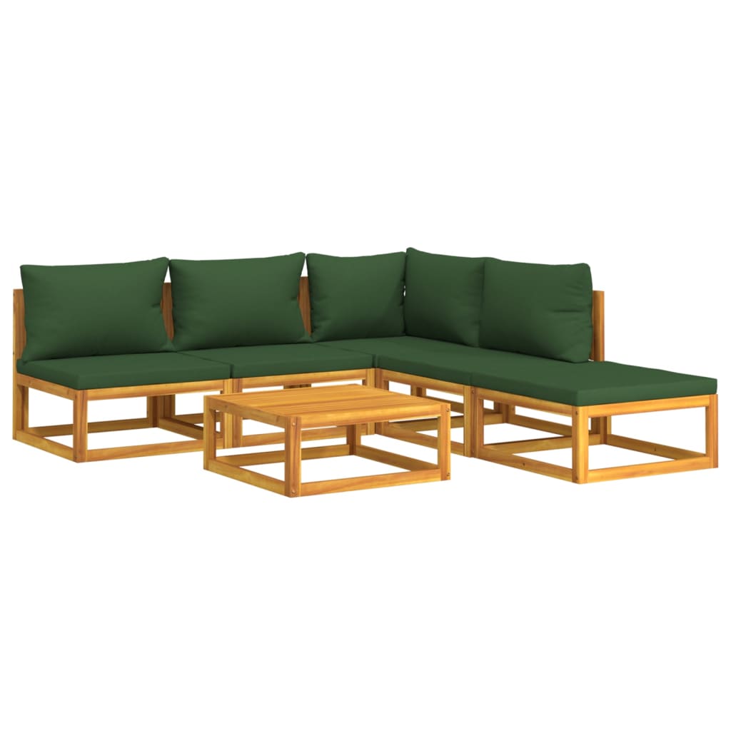 6 pcs conj. lounge jardim madeira c/almofadões verdes