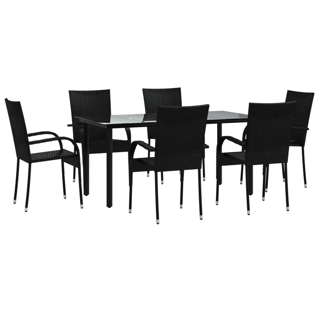7 pcs conjunto de jantar para jardim vime PE preto