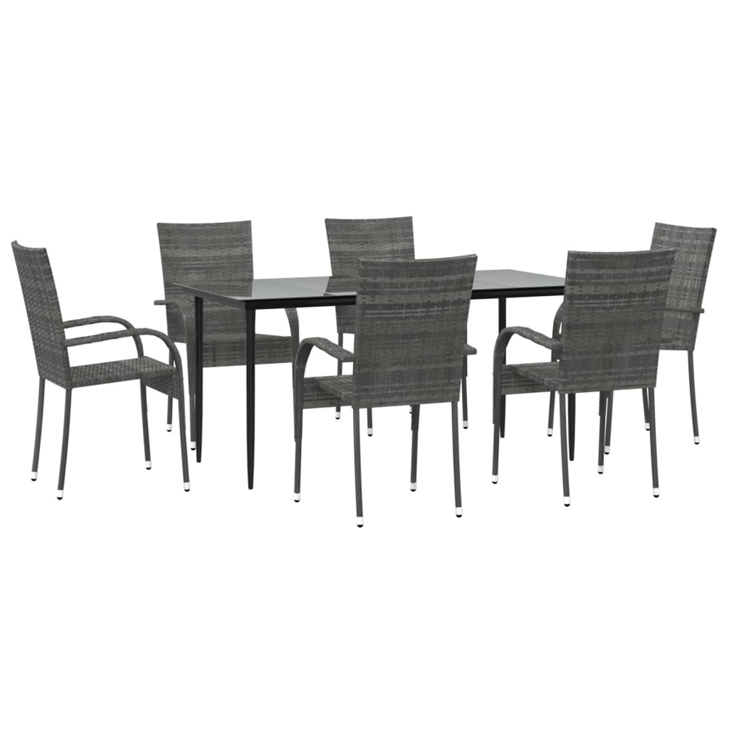 7 pcs conjunto de jantar p/ jardim vime PE cinzento