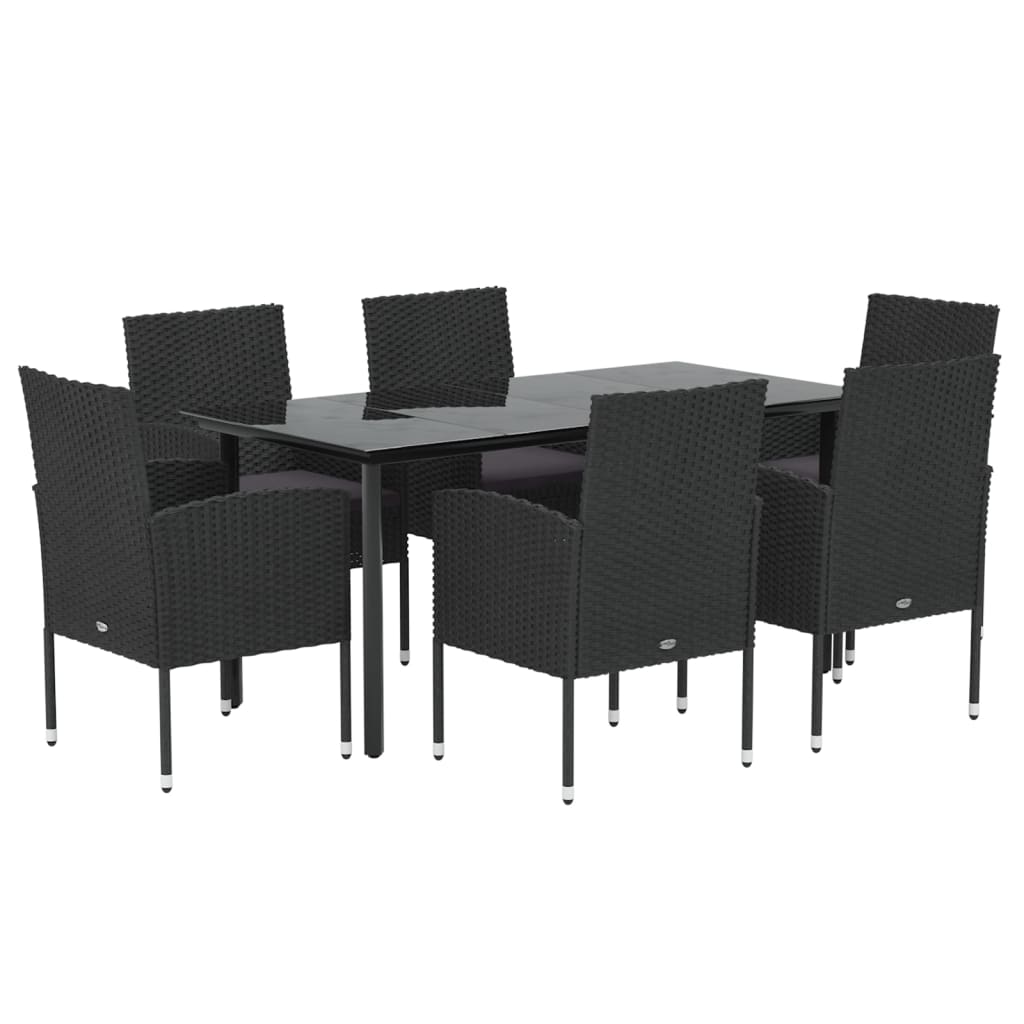 7 pcs conjunto de jantar p/ jardim c/ almofadões vime PE preto