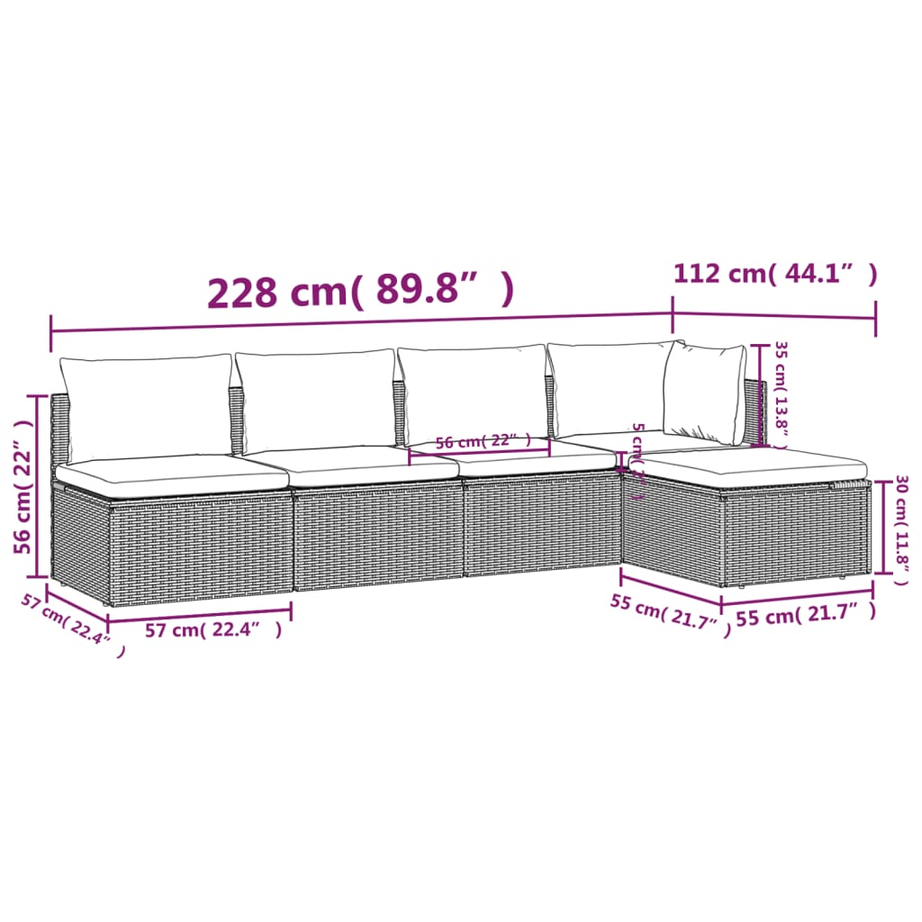5 pcs conjunto lounge de jardim c/ almofadões vime PE cinzento