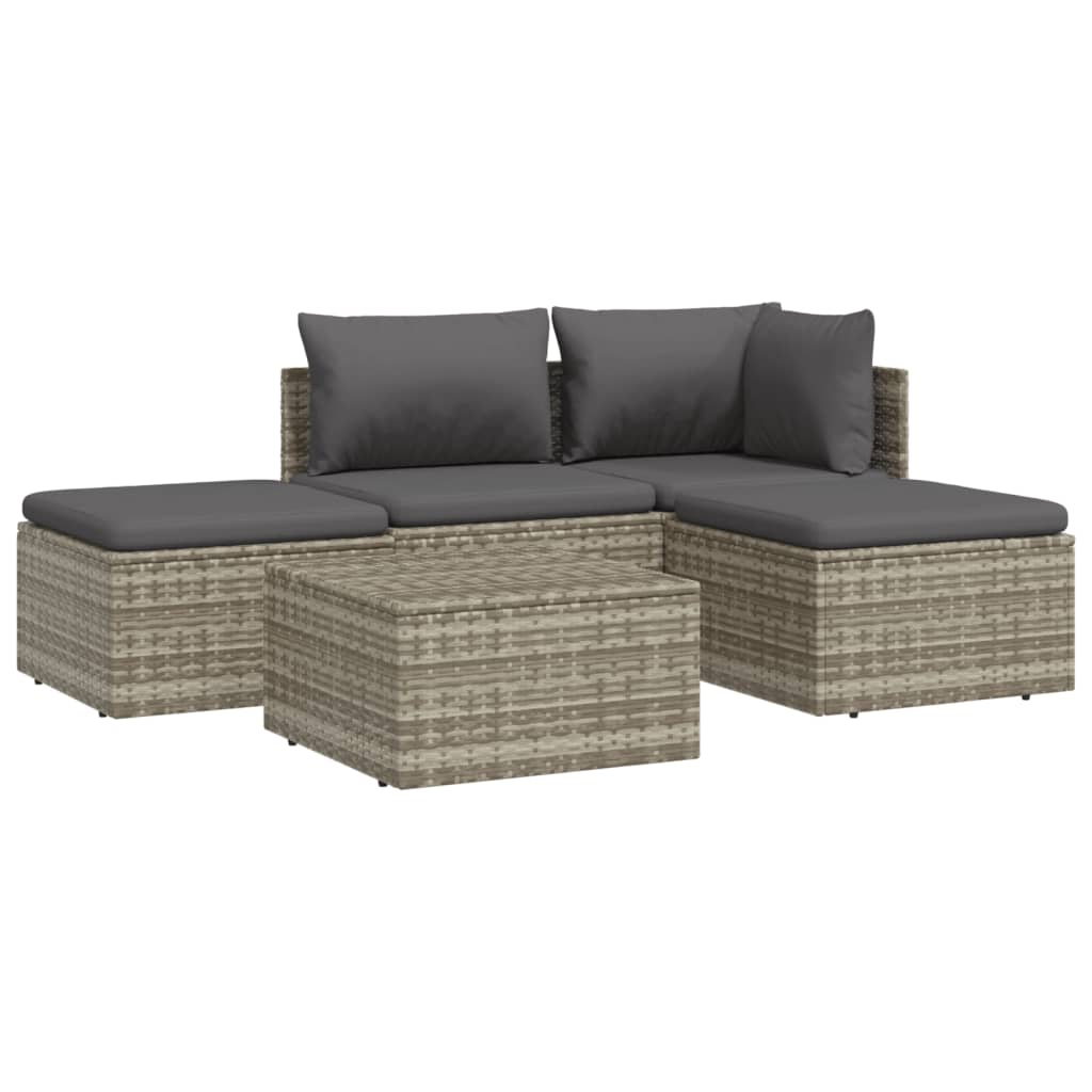 5 pcs conjunto lounge de jardim c/ almofadões vime PE cinzento