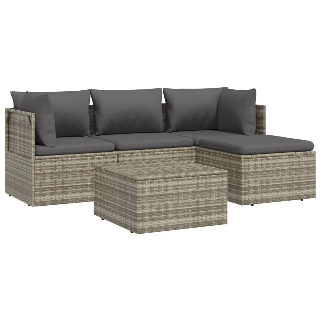5 pcs conjunto lounge de jardim c/ almofadões vime PE cinzento