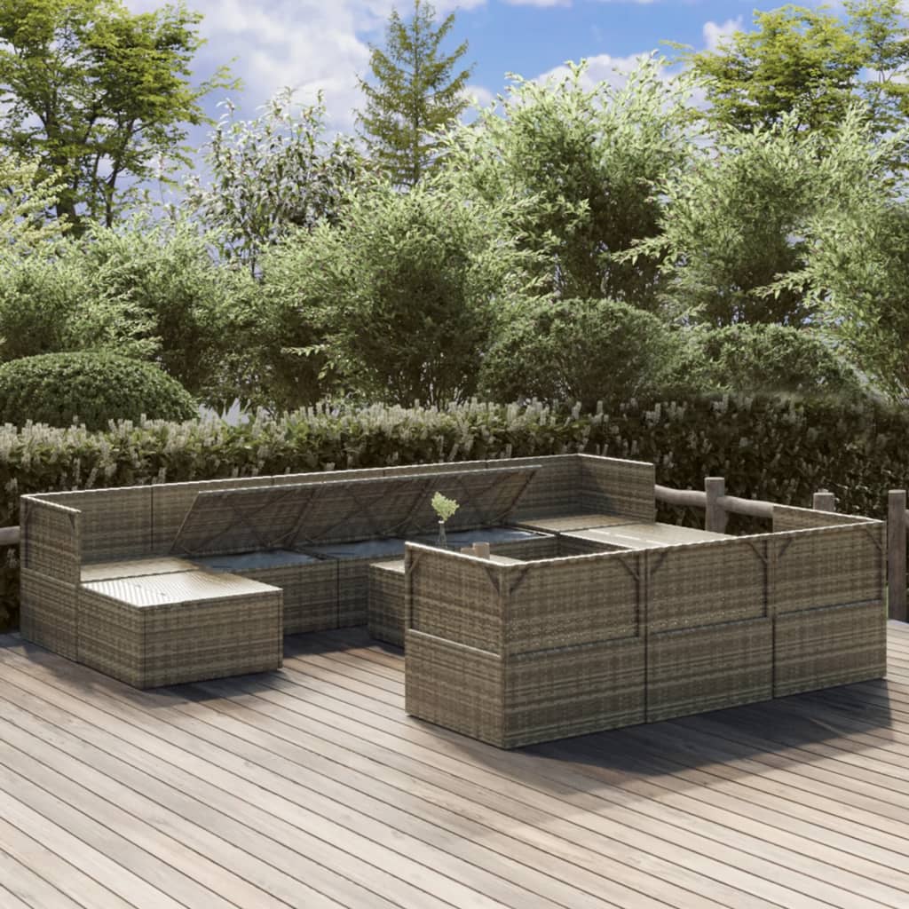 11 pcs conjunto lounge de jardim c/ almofadões vime PE cinzento