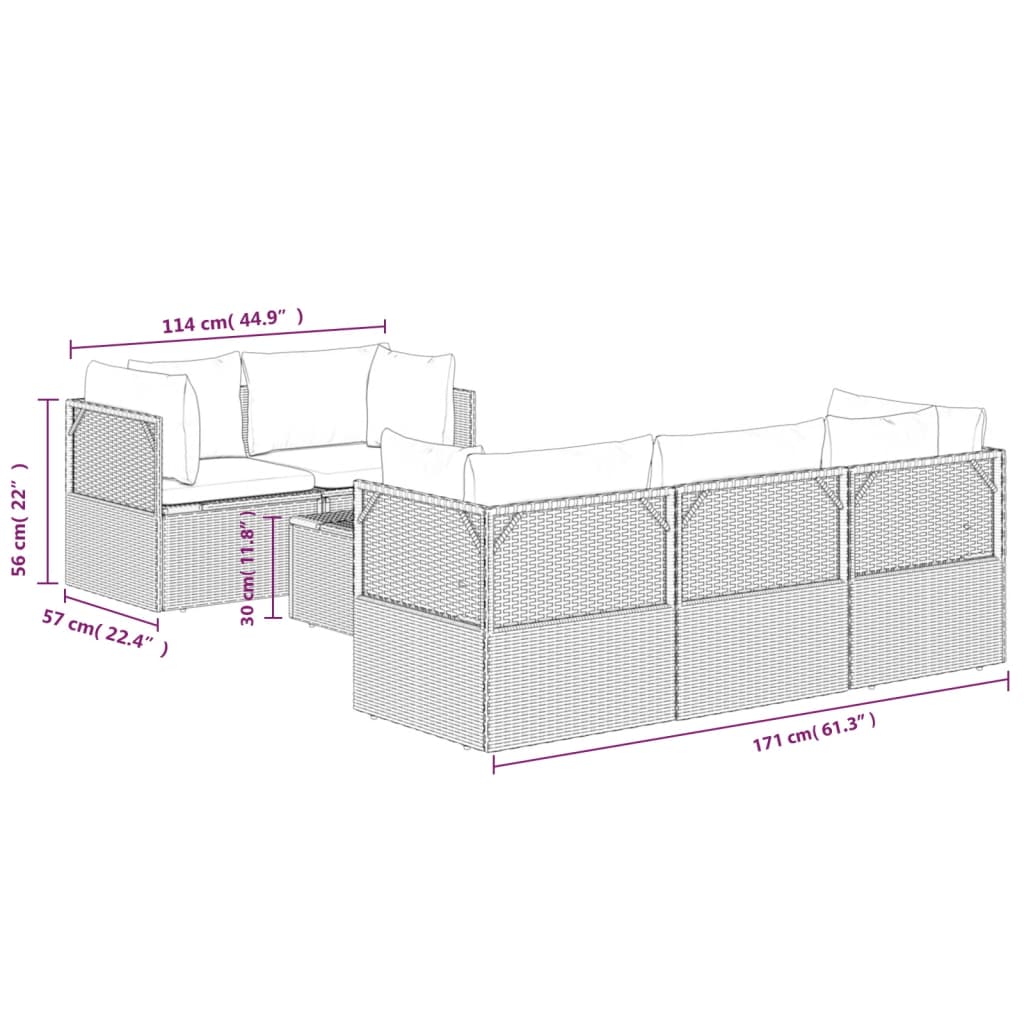 6 pcs conjunto lounge de jardim c/ almofadões vime PE cinzento