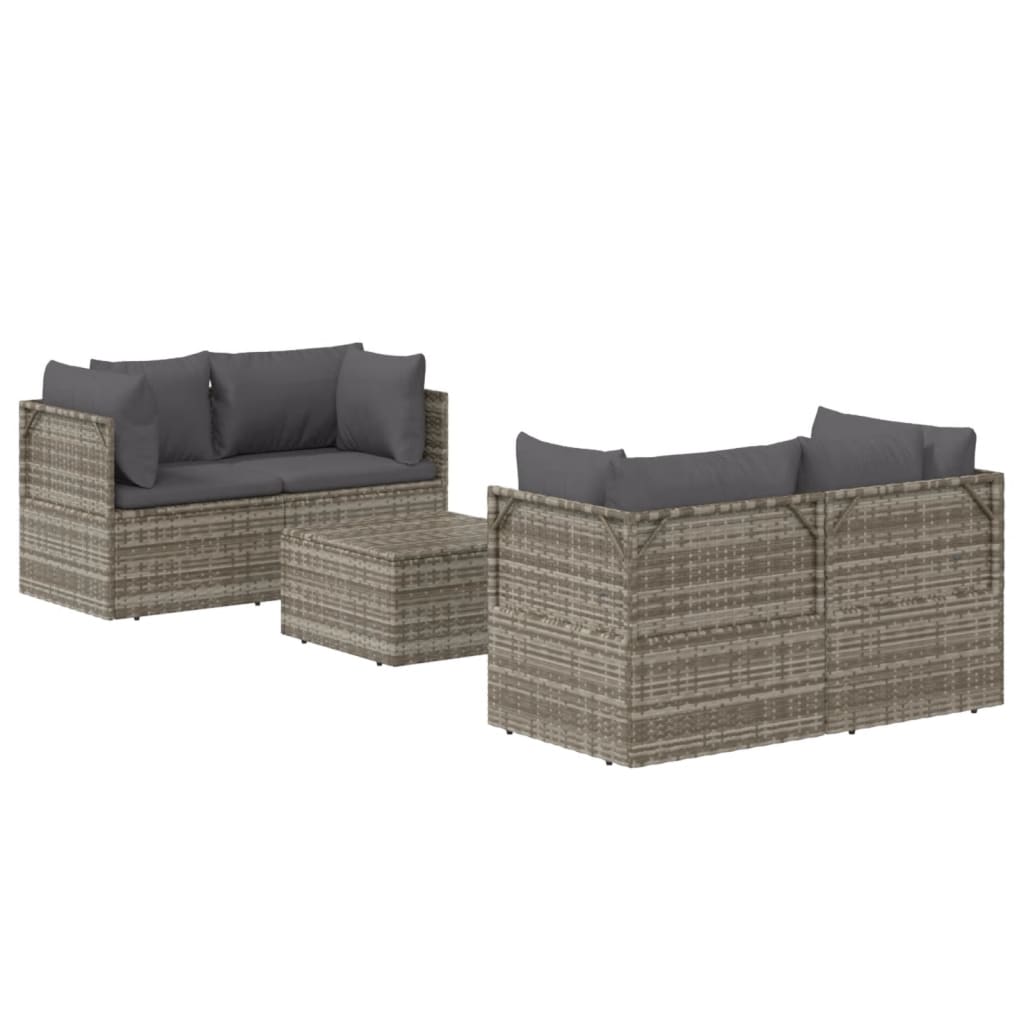 5 pcs conjunto lounge de jardim c/ almofadões vime PE cinzento