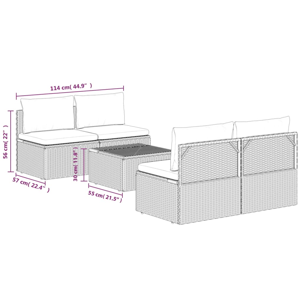5 pcs conjunto lounge de jardim c/ almofadões vime PE cinzento
