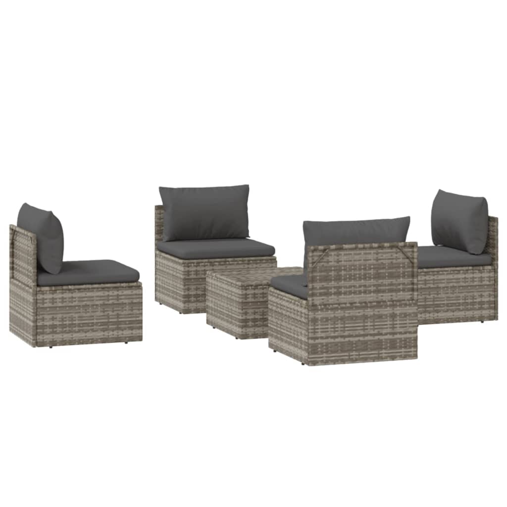 5 pcs conjunto lounge de jardim c/ almofadões vime PE cinzento