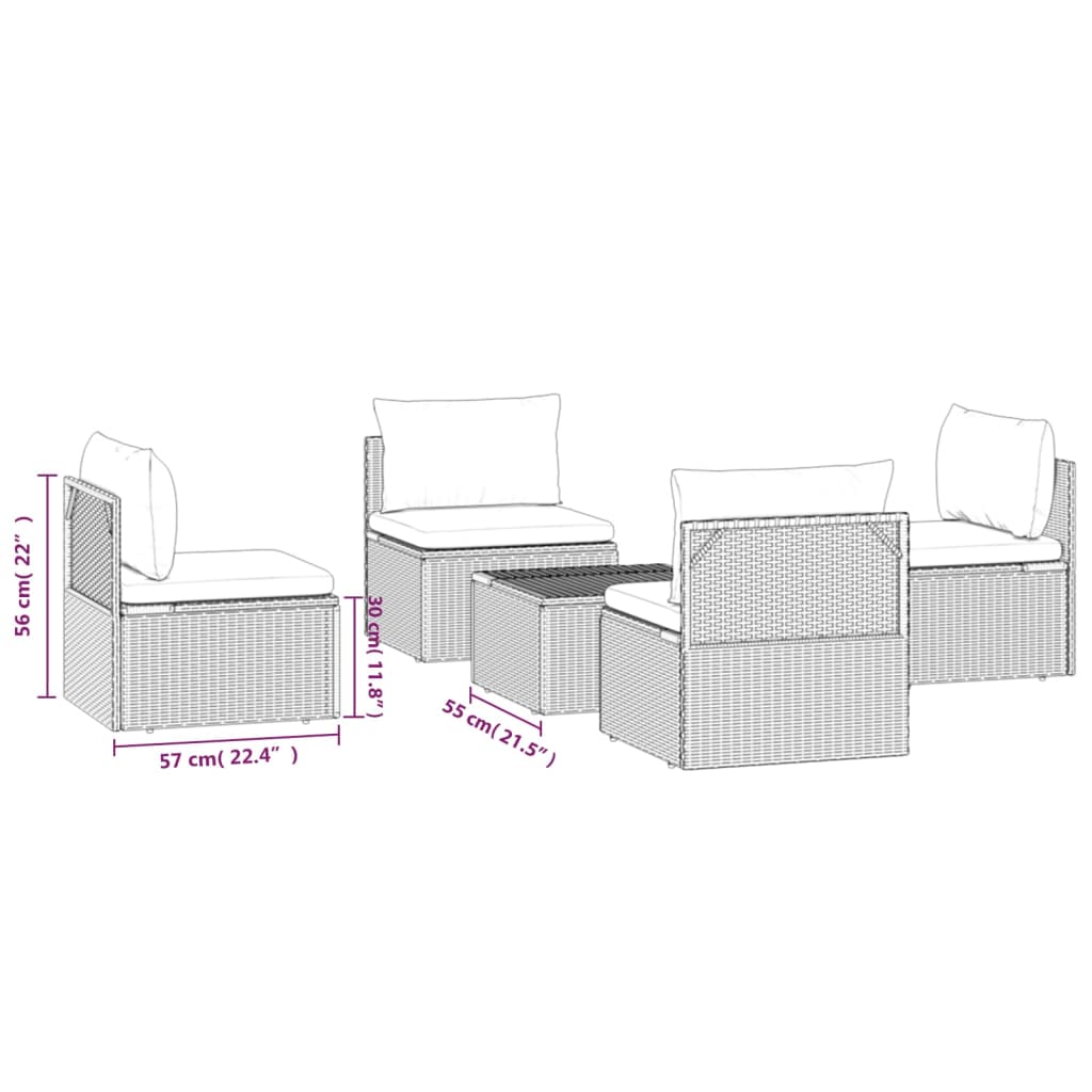 5 pcs conjunto lounge de jardim c/ almofadões vime PE cinzento