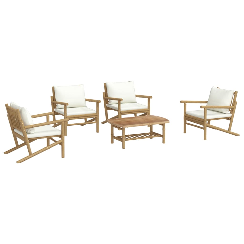 5 pcs conjunto lounge de jardim bambu c/ almofadões branco nata
