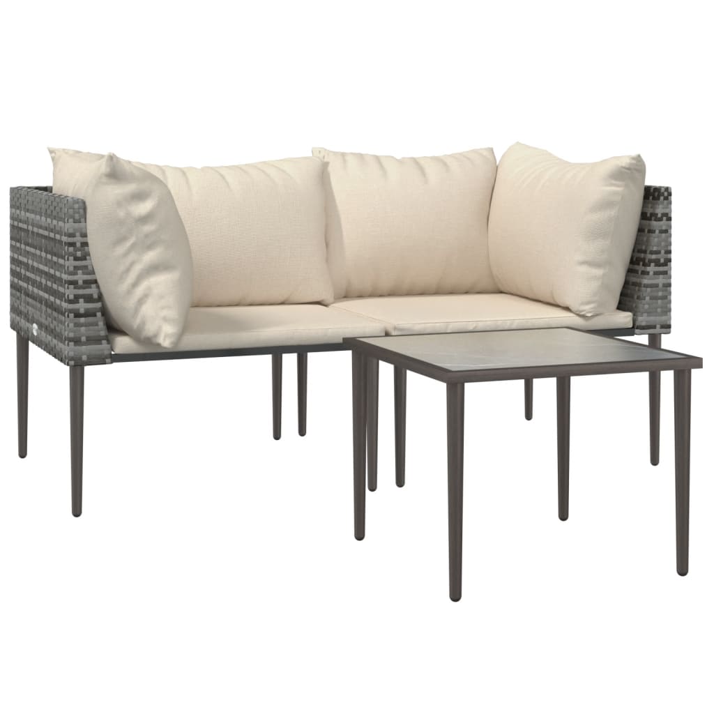 3 pcs conjunto lounge de jardim c/ almofadões vime PE cinzento