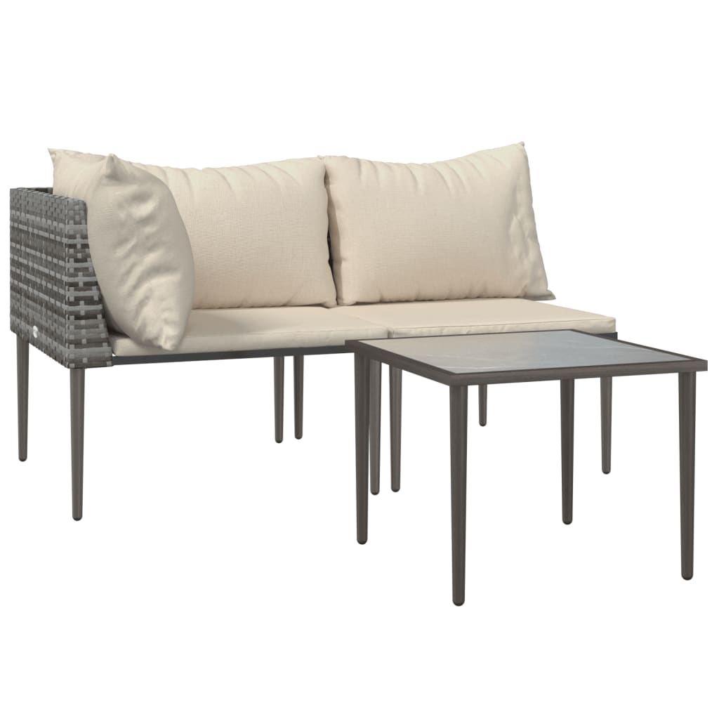 3 pcs conjunto lounge de jardim c/ almofadões vime PE cinzento