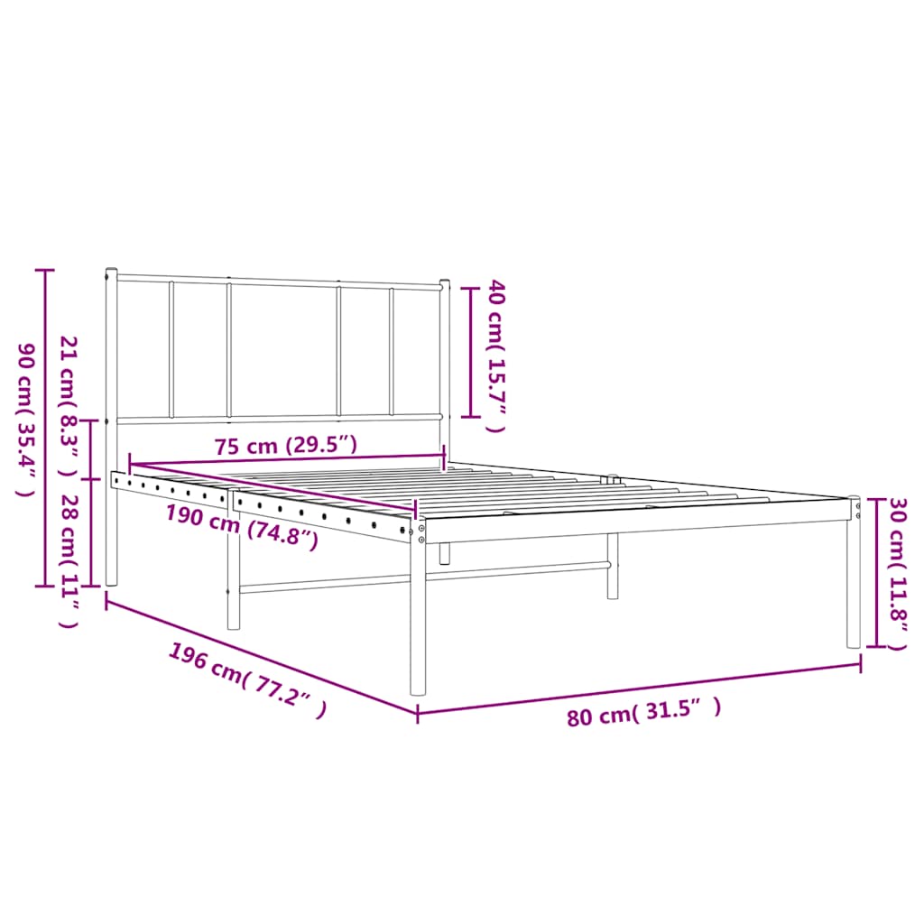 Estrutura de cama metal s/ colchão c/ cabeceira 75x190 cm preto
