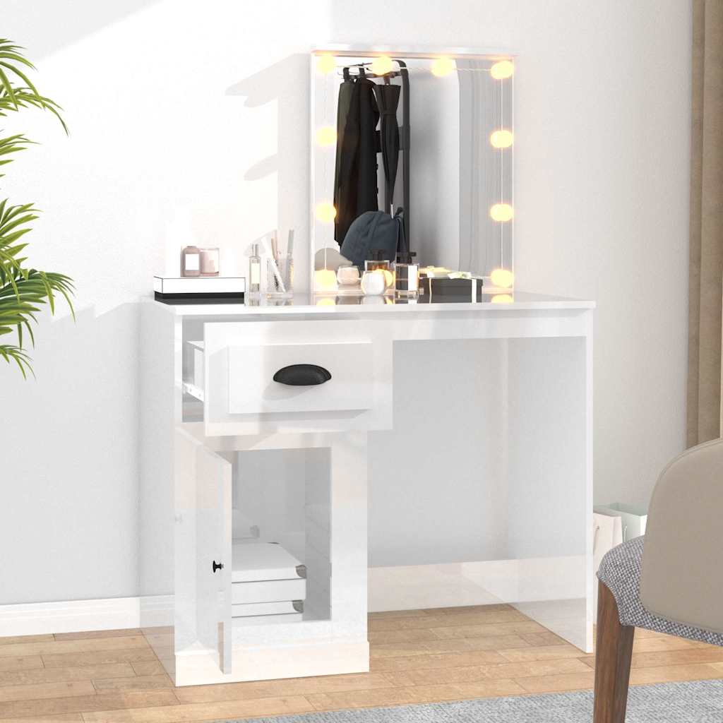 Toucador com luzes LED derivados de madeira branco brilhante
