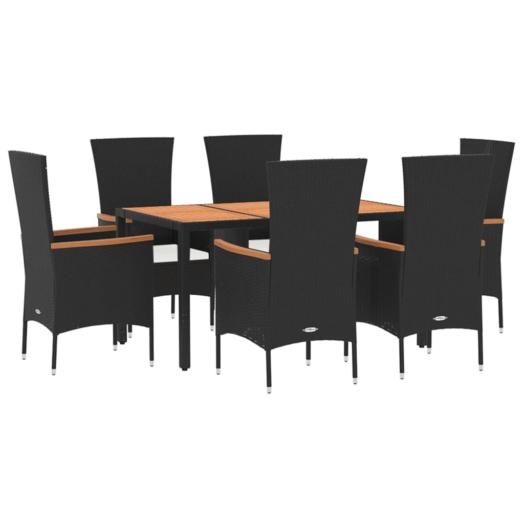 7 pcs conjunto de jantar p/ jardim c/ almofadões vime PE preto