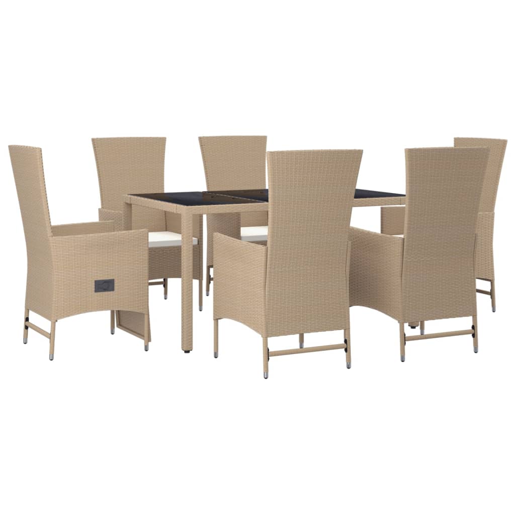 7 pcs conjunto de jantar p/ jardim com almofadões vime PE bege