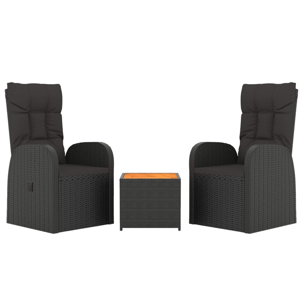 3 pcs conjunto lounge para jardim vime PE/acácia maciça preto