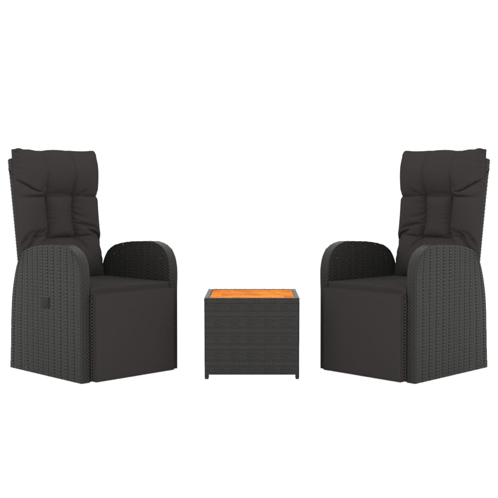 3 pcs conjunto lounge para jardim vime PE/acácia maciça preto