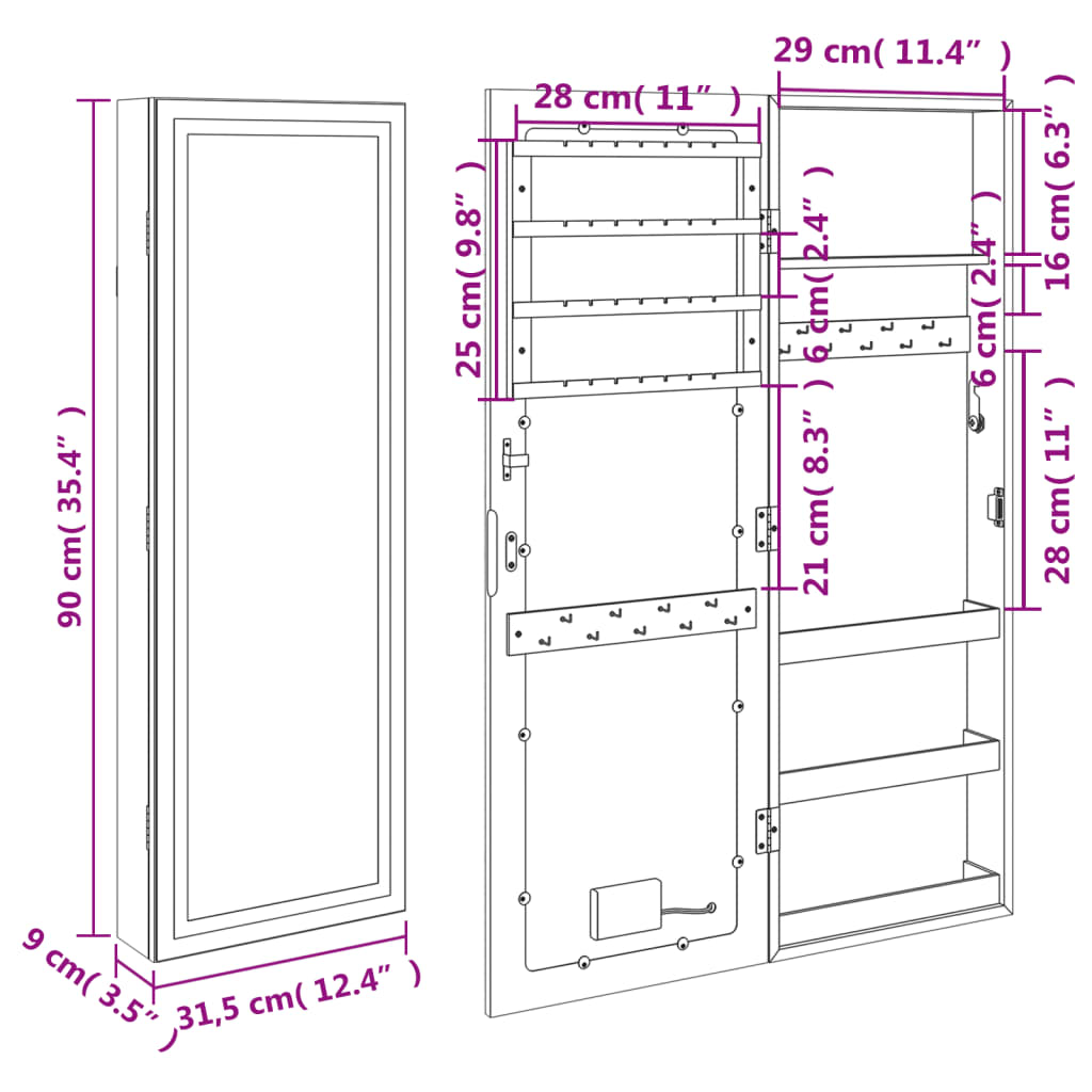 Móvel para joias de parede espelhado com luzes LED