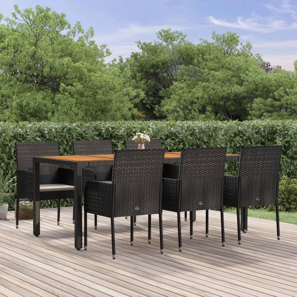 7 pcs conjunto de jantar p/ jardim c/ almofadões vime PE preto