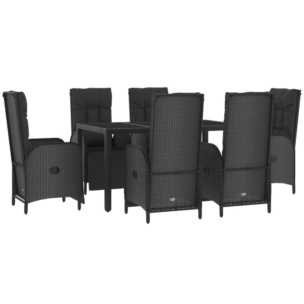 7 pcs conjunto jantar jardim c/ almofadões vime PE preto/cinza