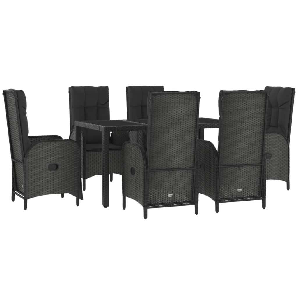 7 pcs conjunto de jantar p/ jardim c/ almofadões vime PE preto
