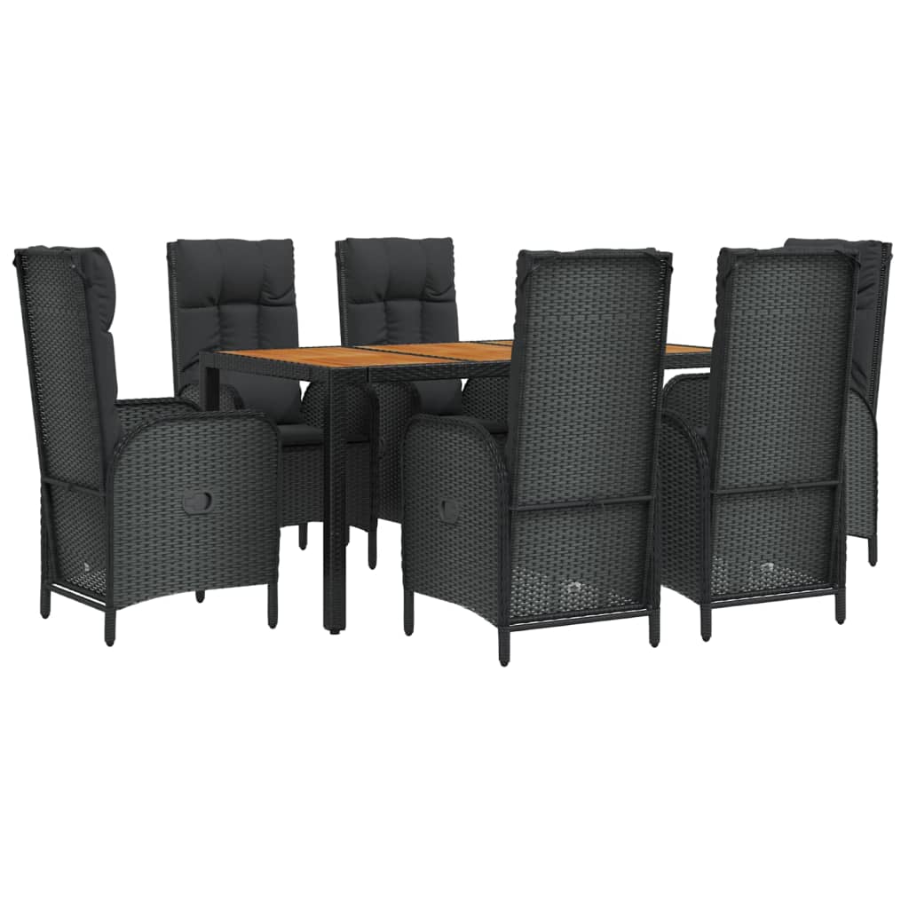 7 pcs conjunto de jantar p/ jardim c/ almofadões vime PE preto