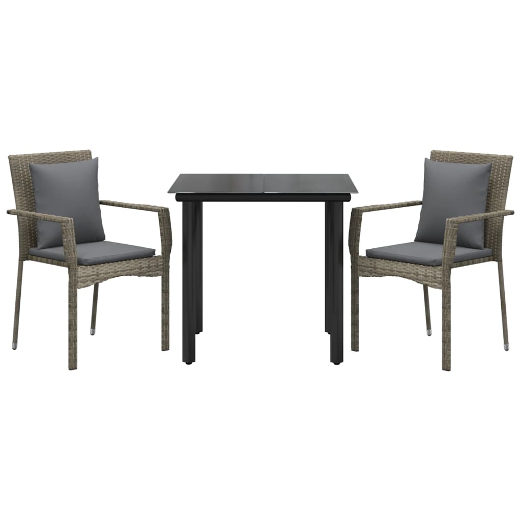 3 pcs conj. jantar p/ jardim c/ almofadões vime PE preto/cinza