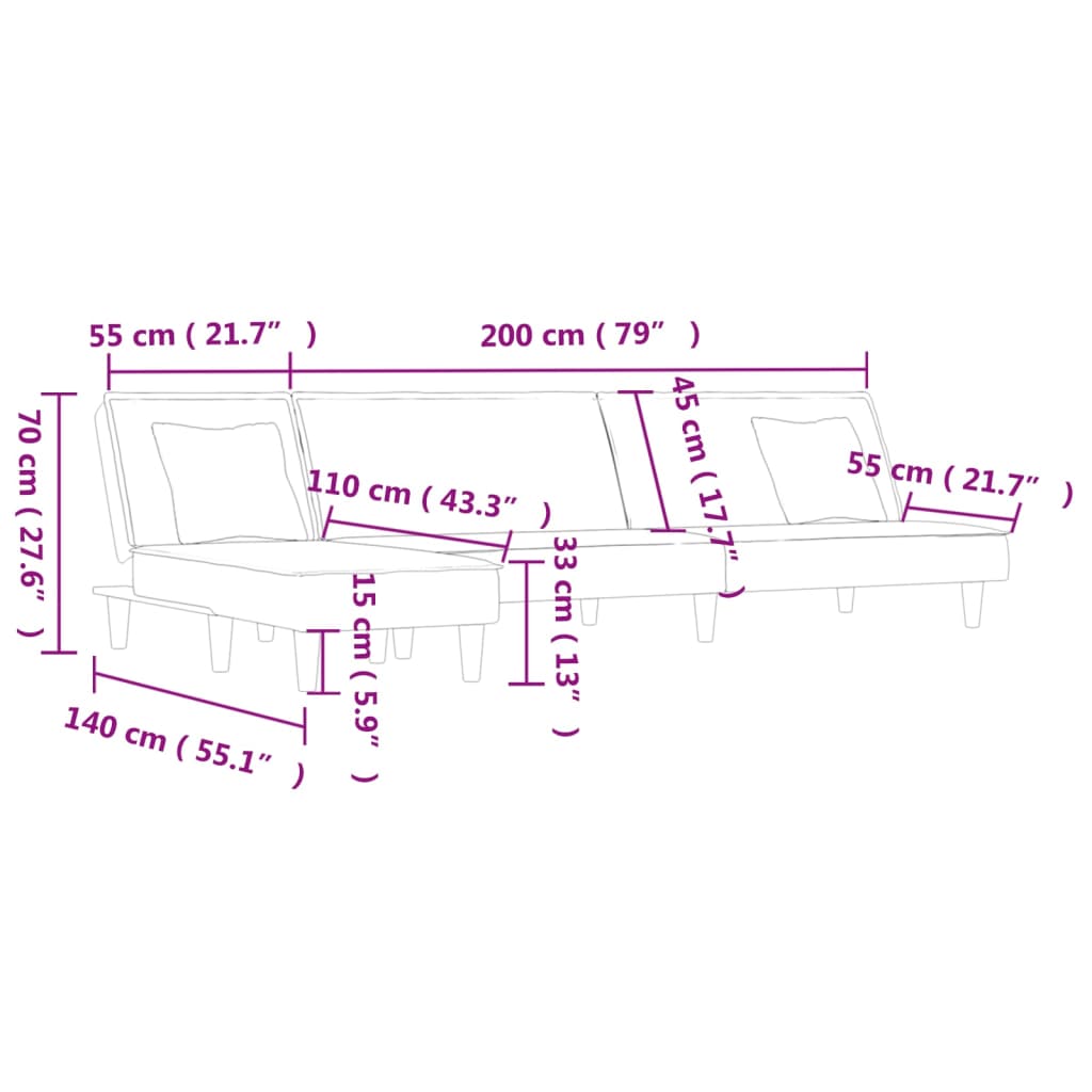 Sofá-cama em forma de L 279x140x70 cm tecido preto