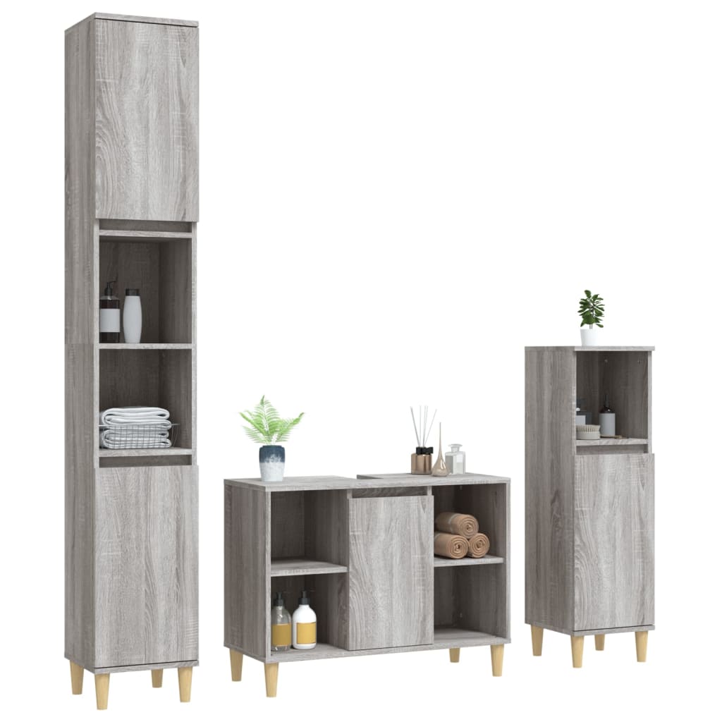 3 pcs Conjunto móveis casa de banho madeira proc. cinza sonoma
