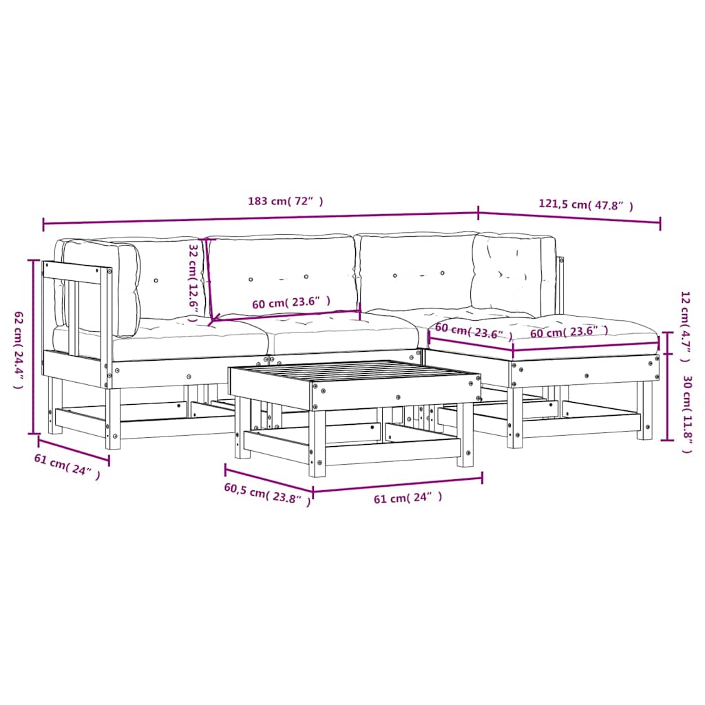 5 pcs conj. lounge jardim com almofadões madeira douglas maciça