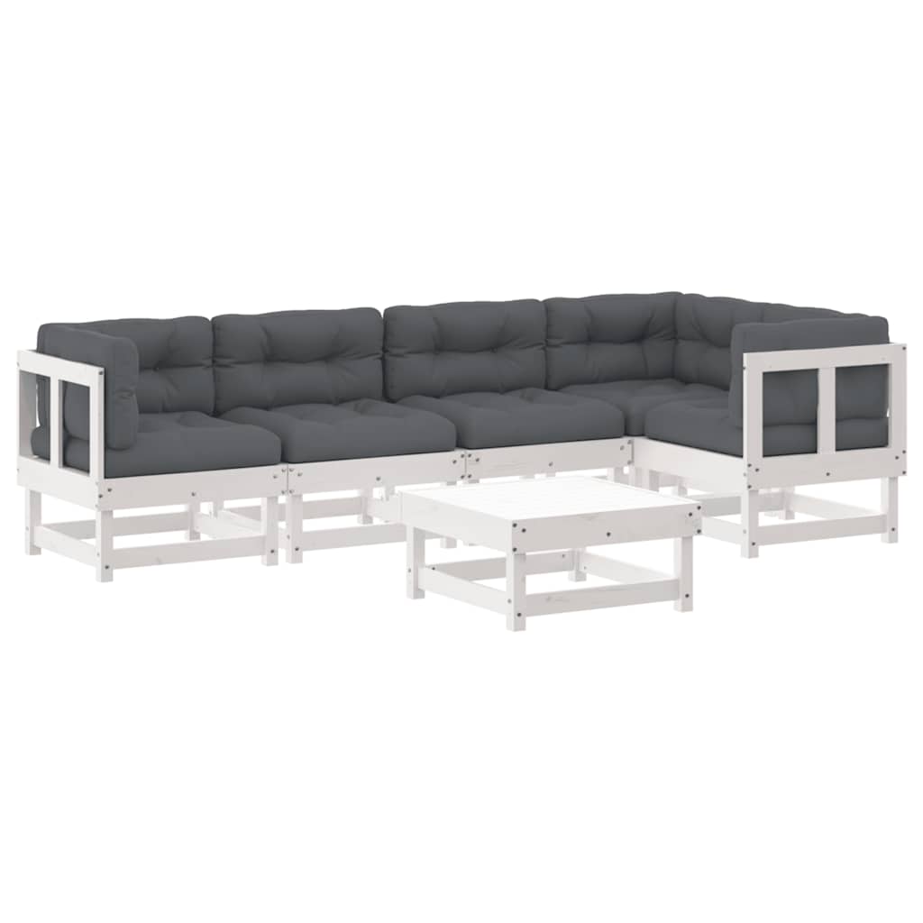 6pcs conjunto lounge jardim c/ almofadões madeira maciça branco