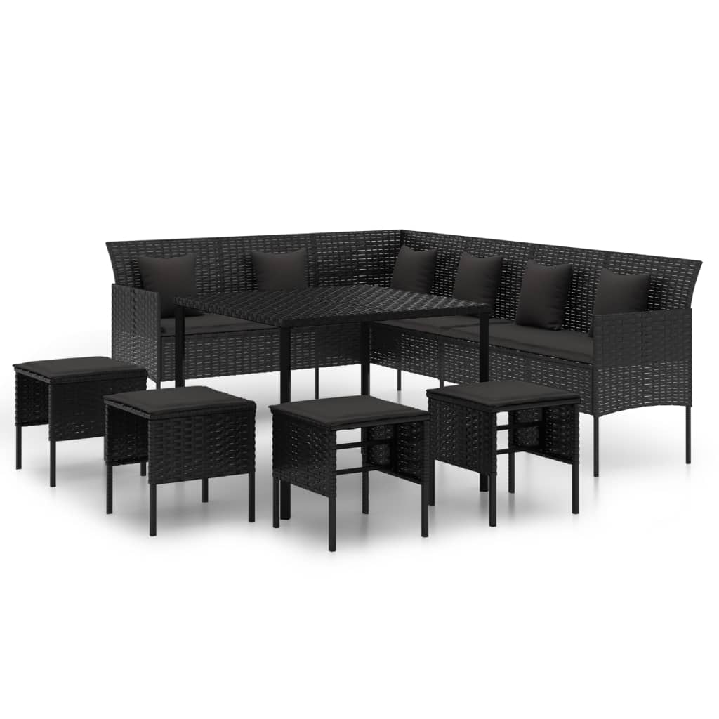 6 pcs conjunto de jantar p/ jardim c/ almofadões vime PE preto