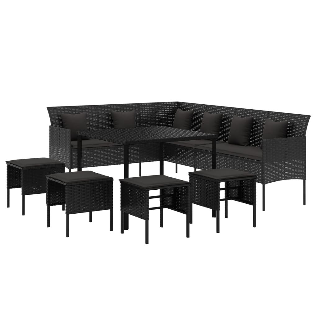 6 pcs conjunto de jantar p/ jardim c/ almofadões vime PE preto