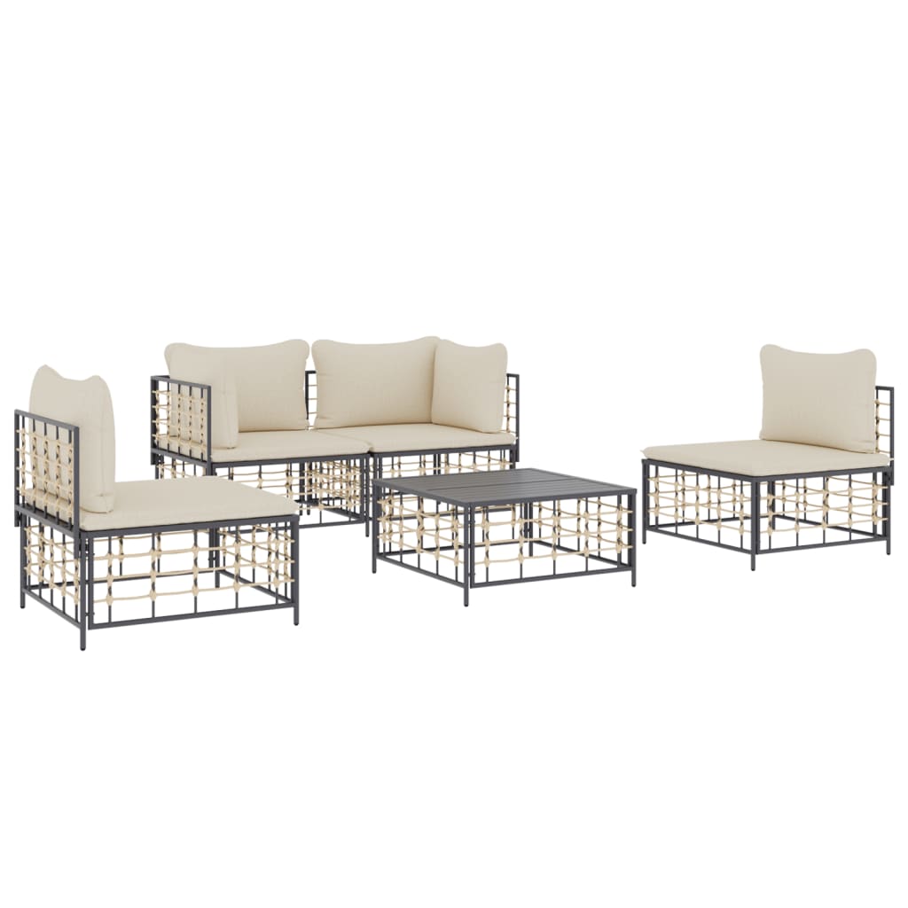 5 pcs conjunto lounge de jardim c/ almofadões vime PE antracite