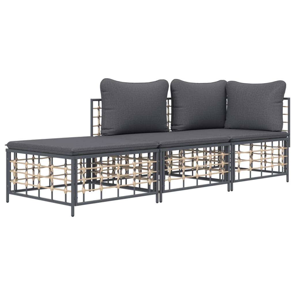 3 pcs conjunto lounge de jardim c/ almofadões vime PE antracite