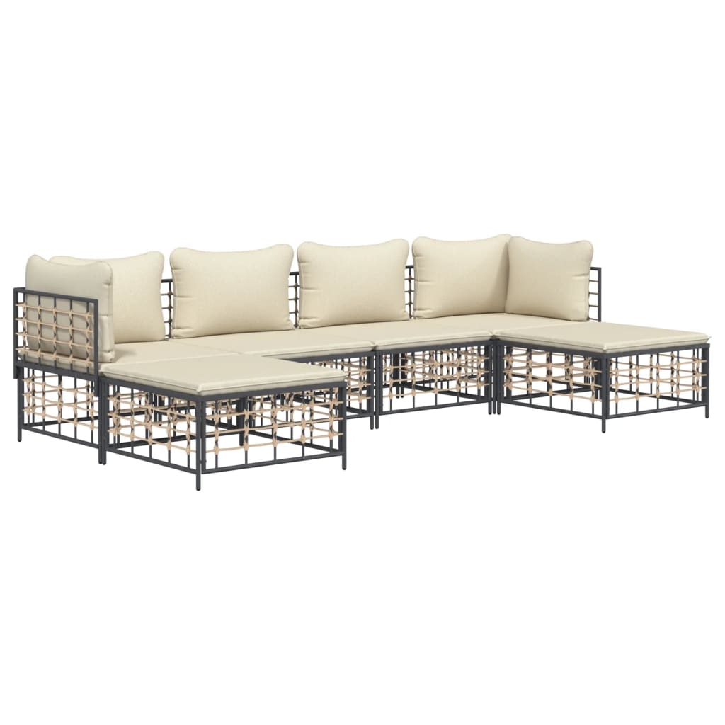 6 pcs conjunto lounge de jardim c/ almofadões vime PE antracite