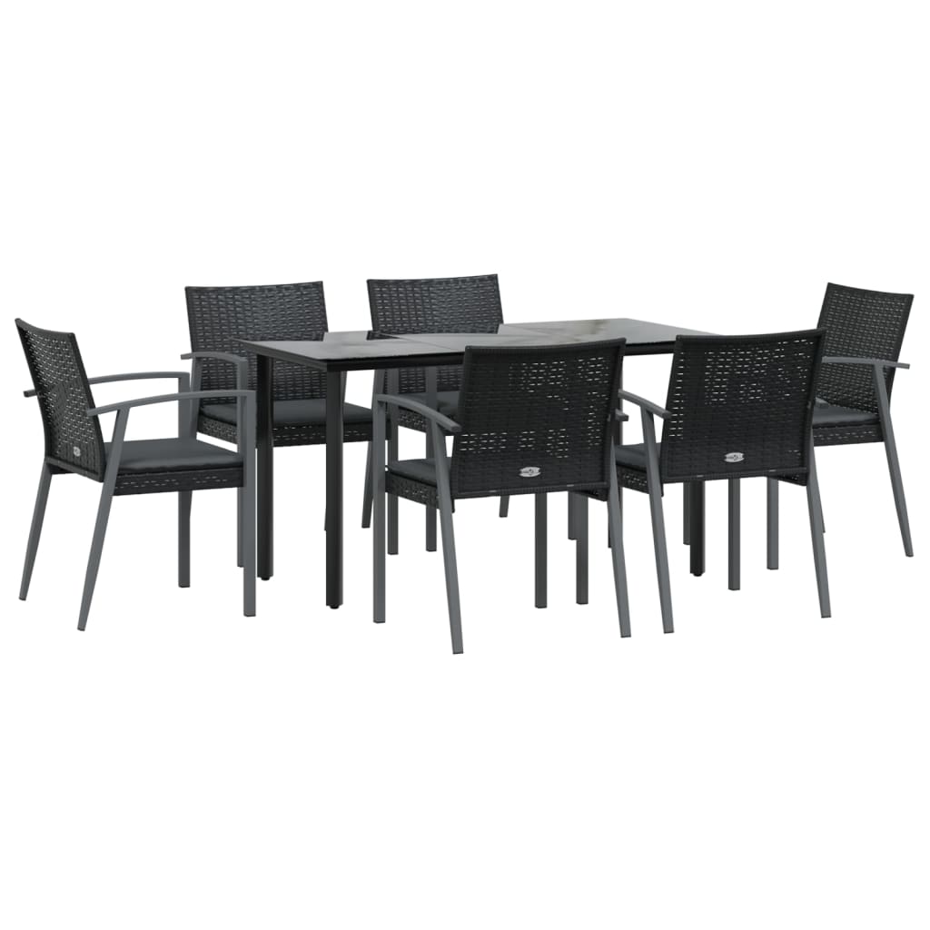 7 pcs conjunto de jantar p/ jardim c/ almofadões vime PE e aço