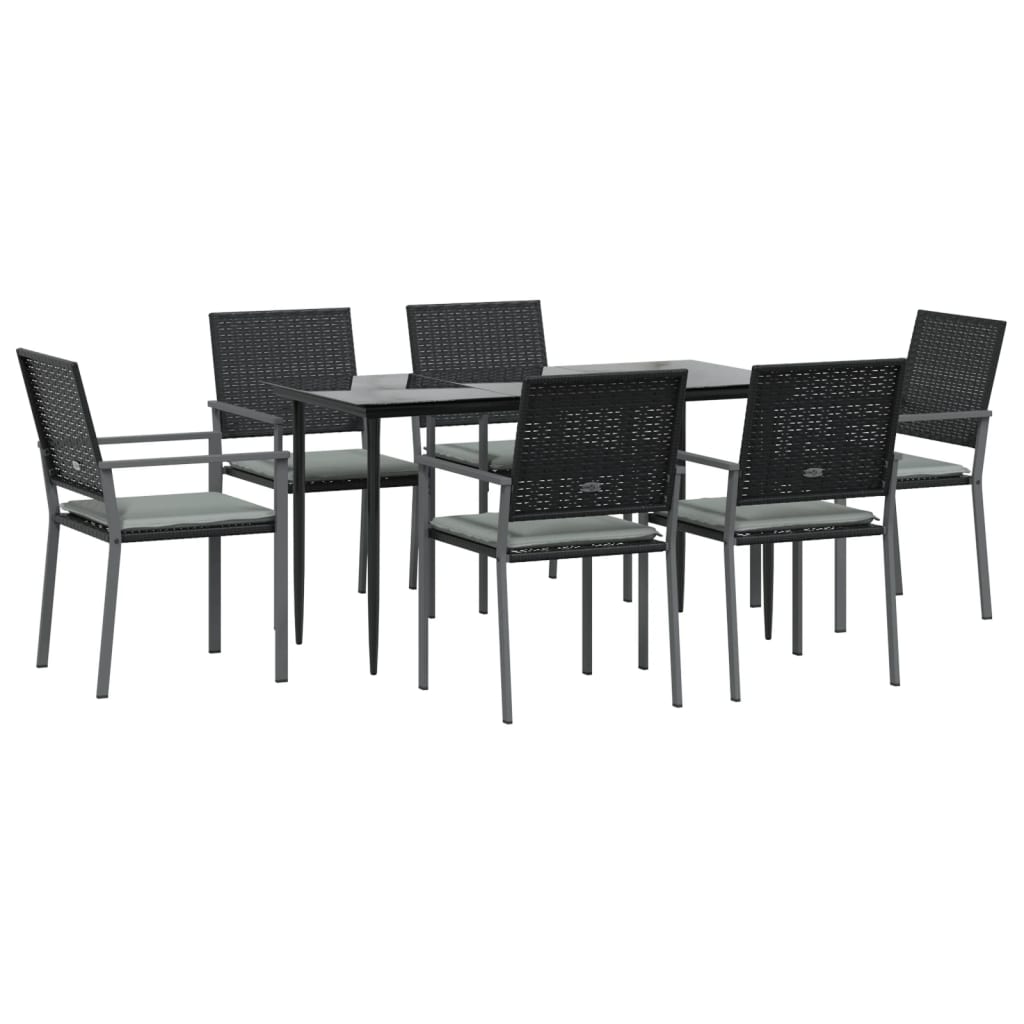 7 pcs conjunto de jantar p/ jardim c/ almofadões vime PE e aço