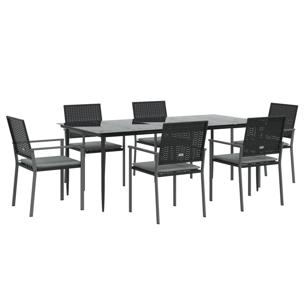 7 pcs conjunto de jantar p/ jardim c/ almofadões vime PE e aço
