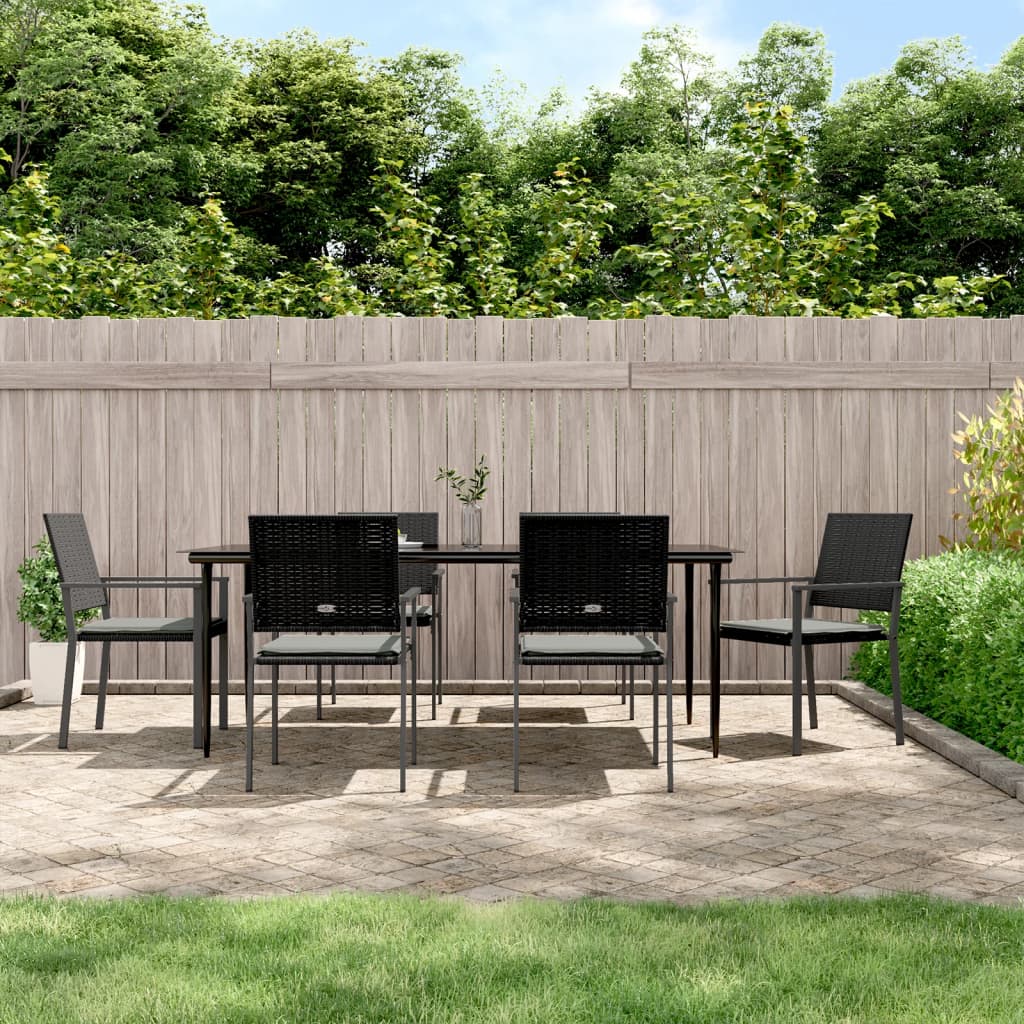 7 pcs conjunto de jantar p/ jardim c/ almofadões vime PE e aço