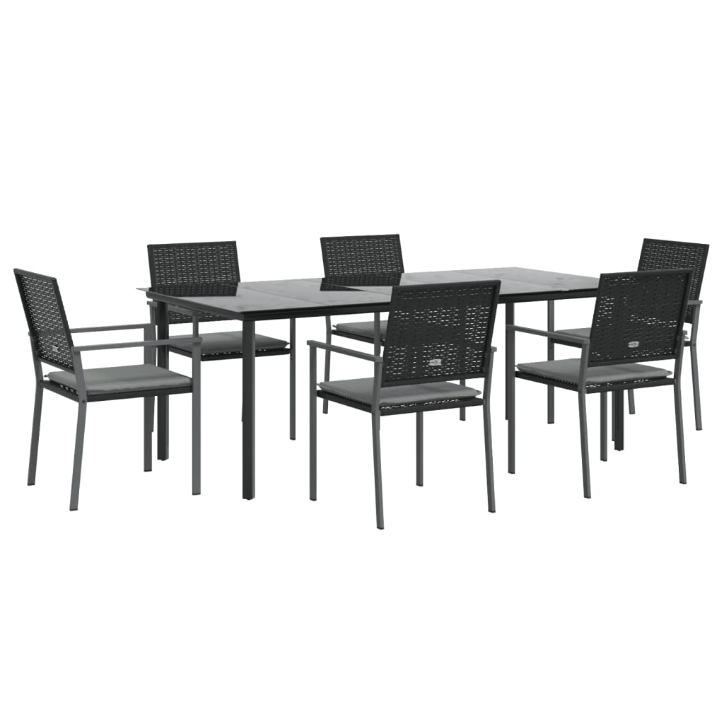 7 pcs conjunto de jantar p/ jardim c/ almofadões vime PE e aço