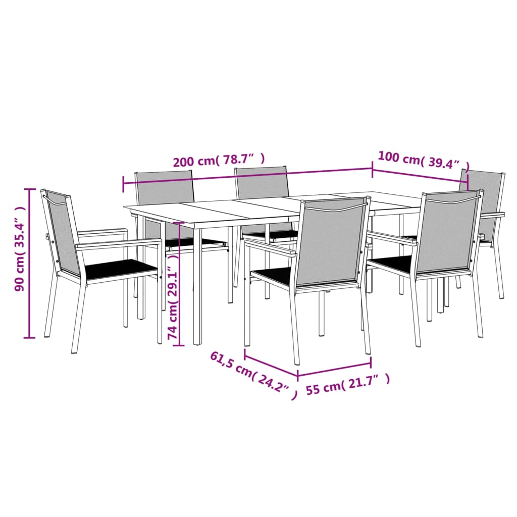7 pcs conjunto de jantar para jardim textilene e aço preto