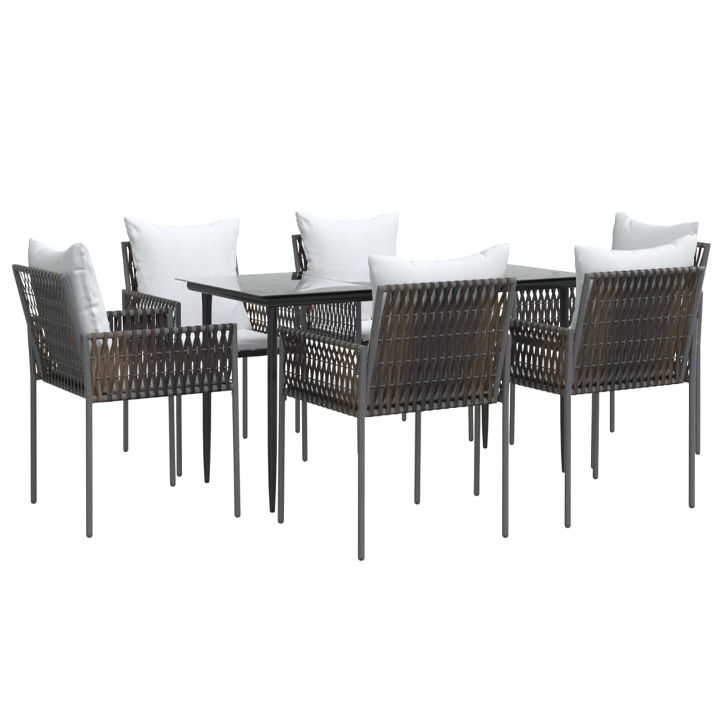 7 pcs conjunto de jantar p/ jardim c/ almofadões vime PE e aço
