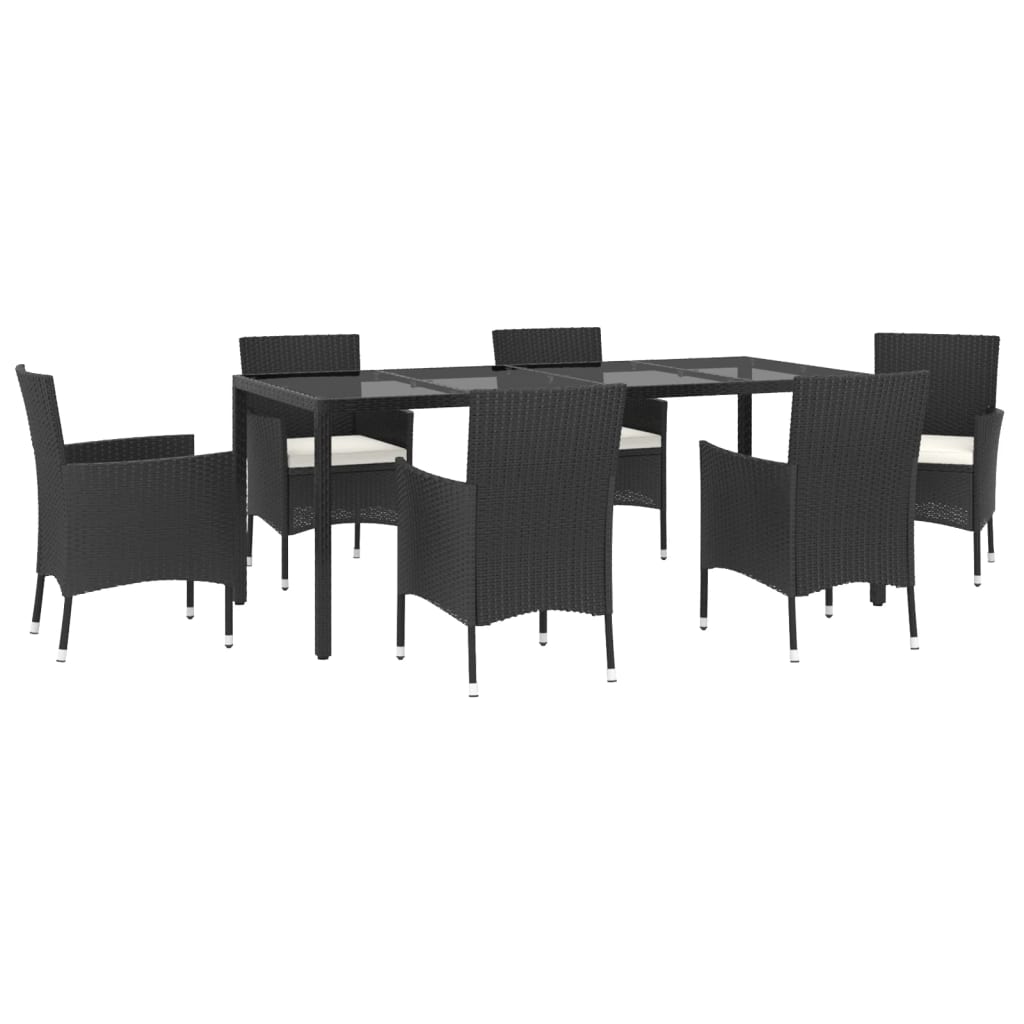 7 pcs conjunto de jantar p/ jardim c/ almofadões vime PE preto