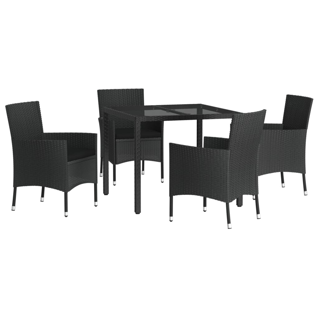 5 pcs conjunto de jantar p/ jardim c/ almofadões vime PE preto
