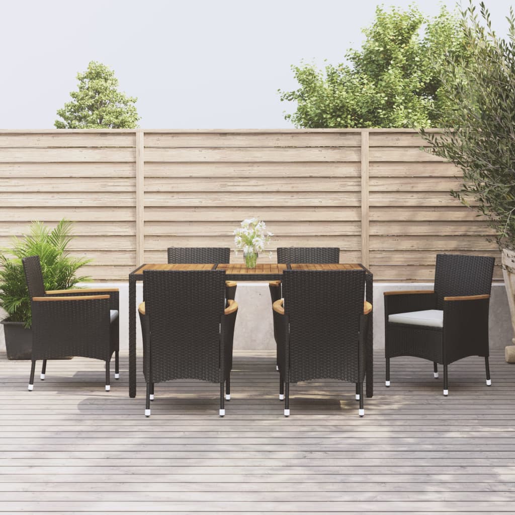 7 pcs conjunto de jantar p/ jardim c/ almofadões vime PE preto