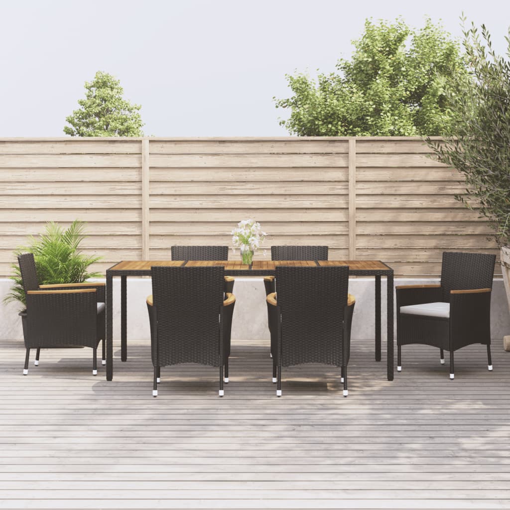 7 pcs conjunto de jantar p/ jardim c/ almofadões vime PE preto