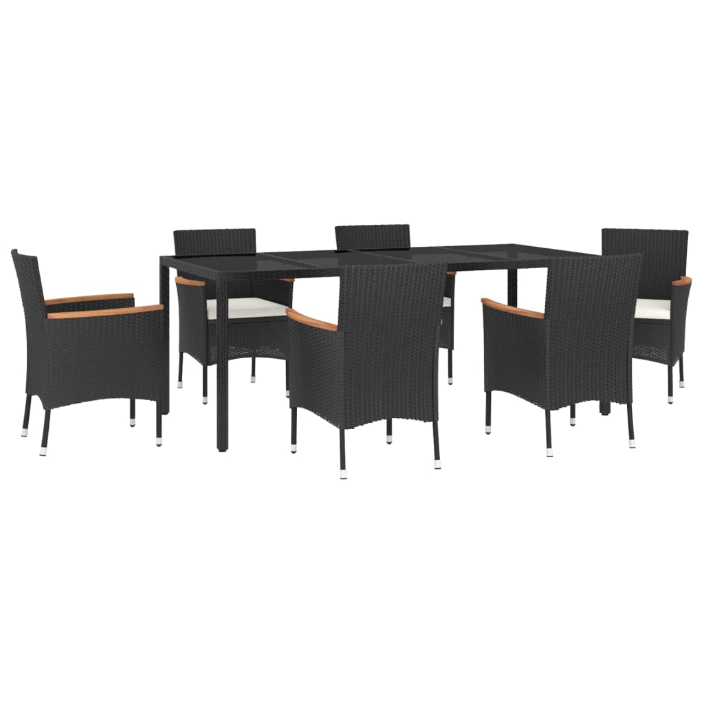 7 pcs conjunto de jantar p/ jardim c/ almofadões vime PE preto