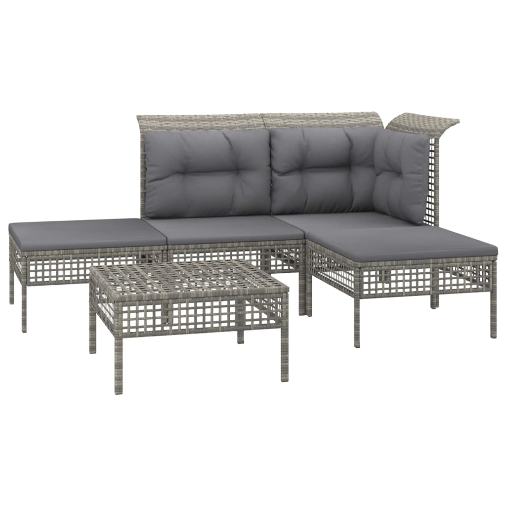 5 pcs conjunto lounge de jardim c/ almofadões vime PE cinzento